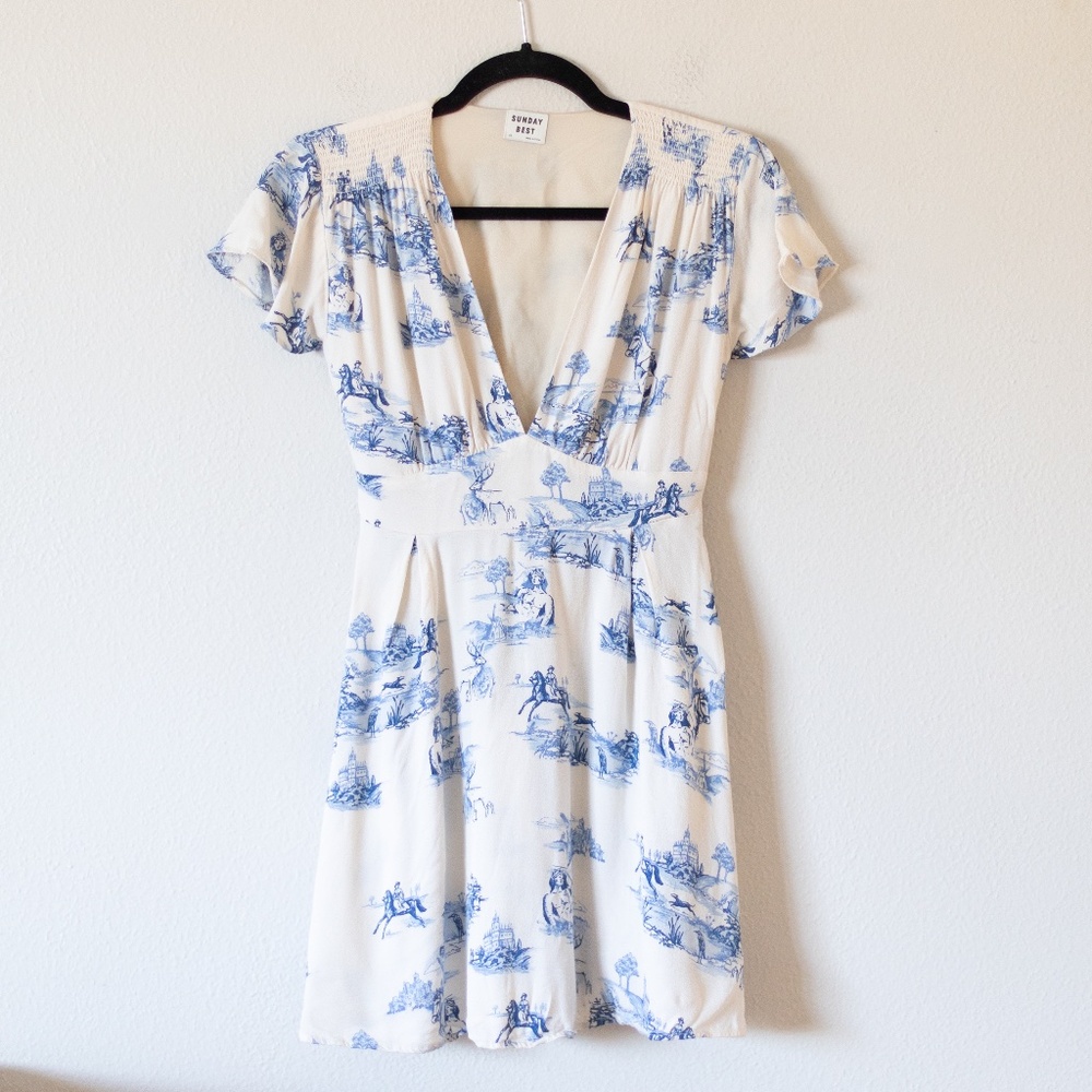 Aritzia Sunday Best White Blue Pattern Mini Vanessa Dress